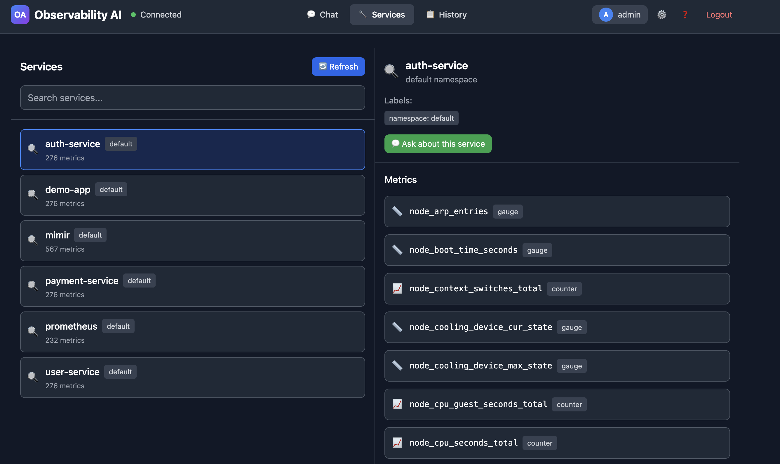 Service discovery screen